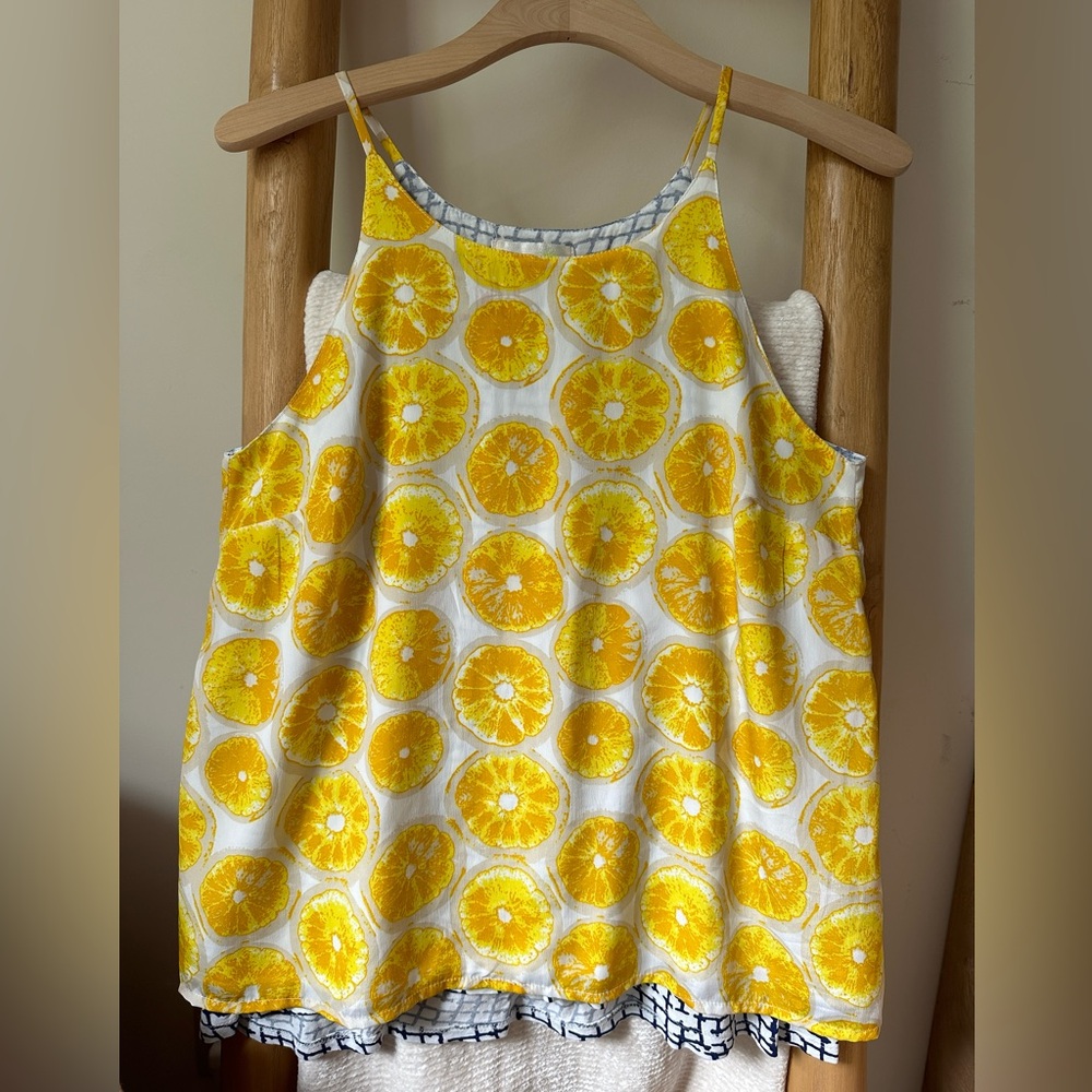 Anthropologie Porridge Women's Layered Yellow Lemon Print Tank Top, Size Small